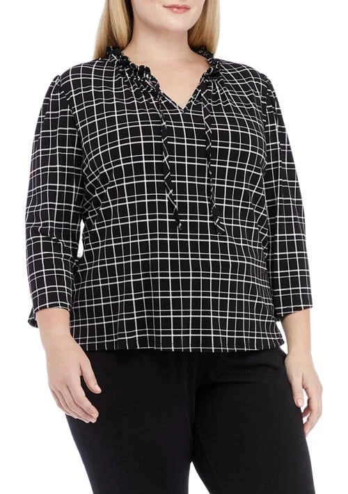 CeCe Plus Size 3 4 Sleeve Ruched Tie Neck Knit Top 1