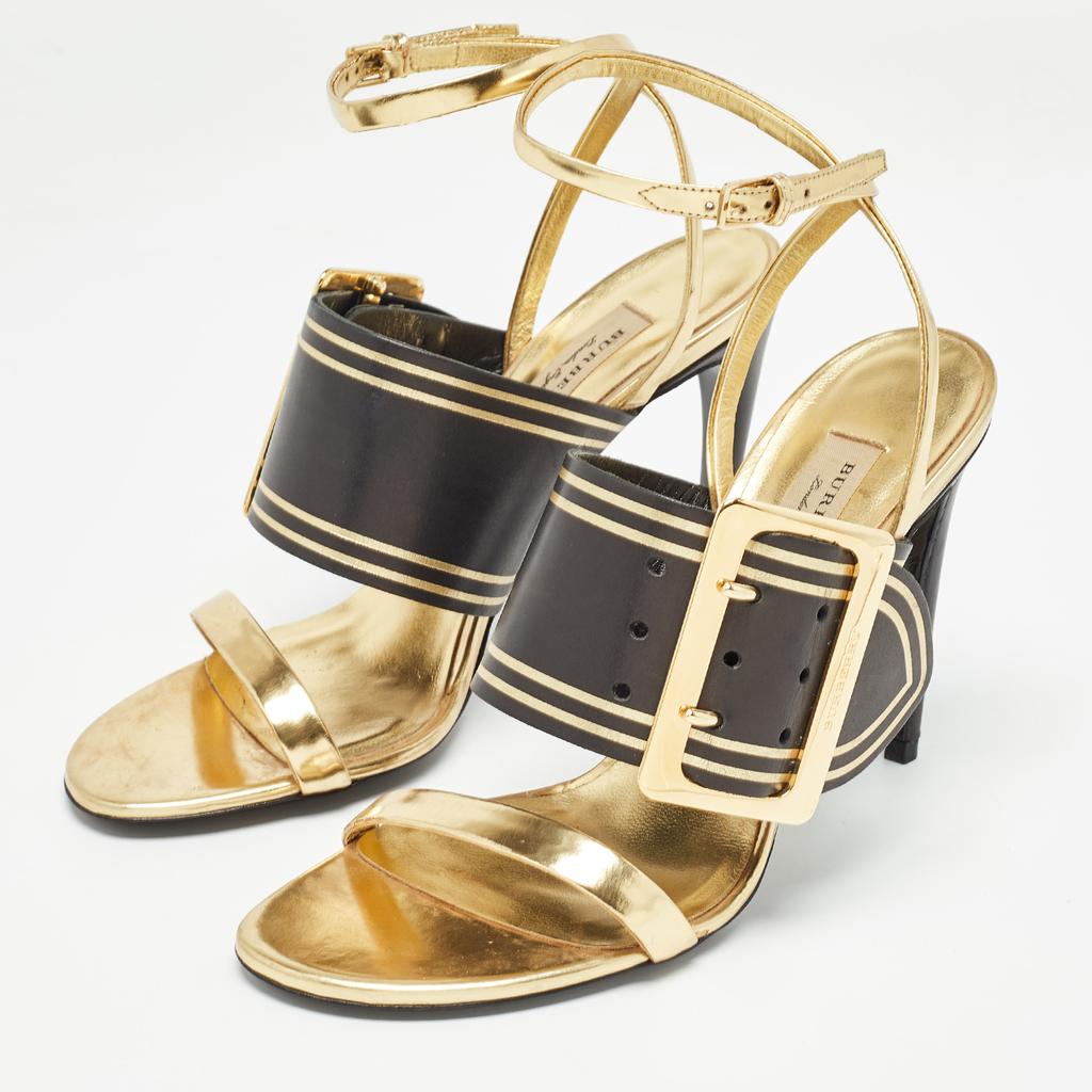 Burberry Burberry Black/Gold Leather Buckle Detail Ankle Strap Sandals Size 39