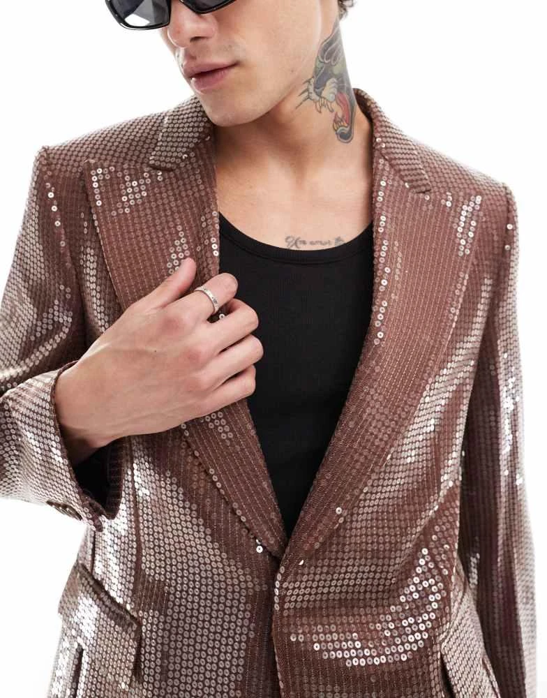 ASOS ASOS DESIGN sequin slim fit suit jacket in brown 4