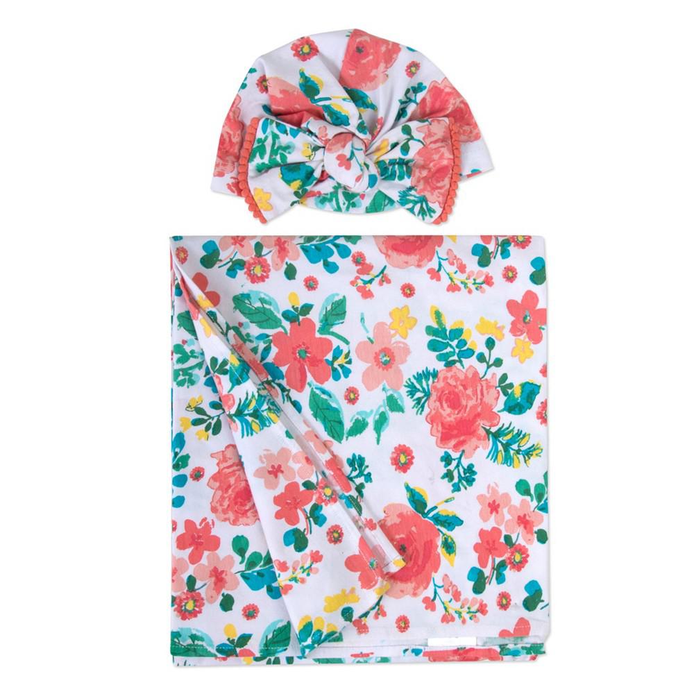 Baby Essentials Baby Girls Soft Floral Print Swaddle Wrap Blanket with Matching Turban, 2 Piece Set