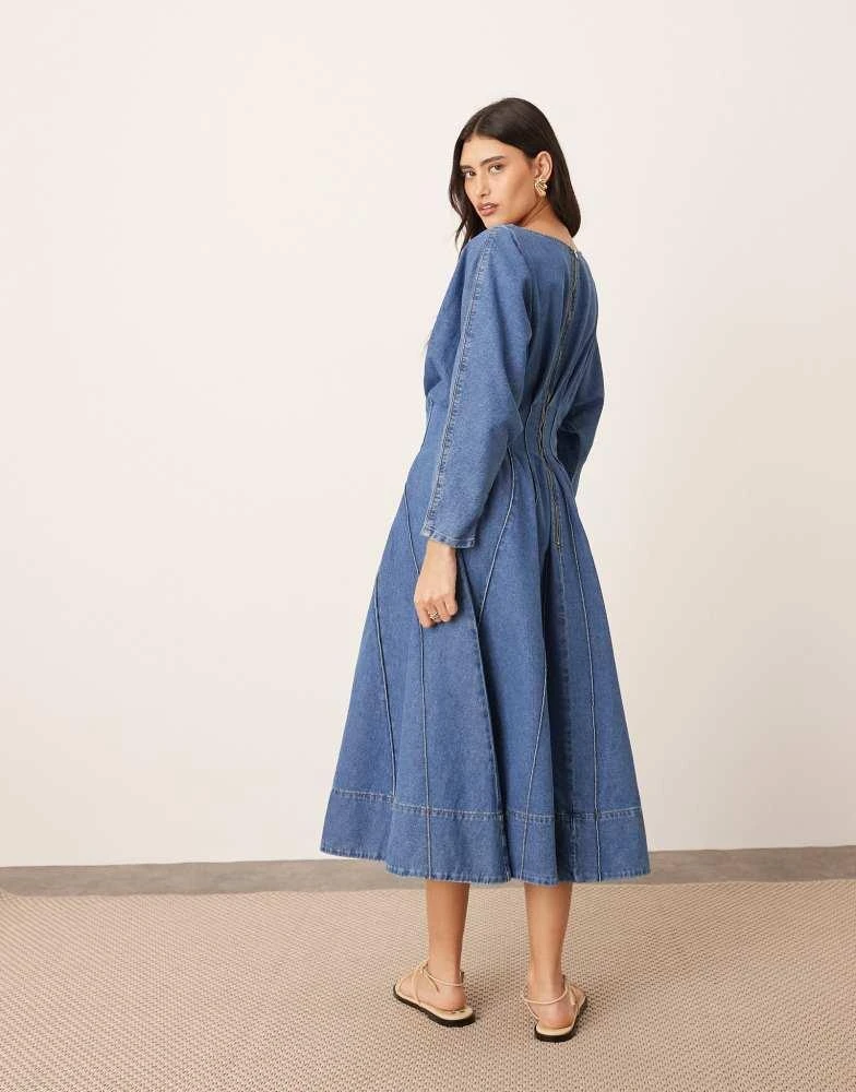 ARRANGE ARRANGE denim long sleeve midi dress with full skirt in mid blue 4