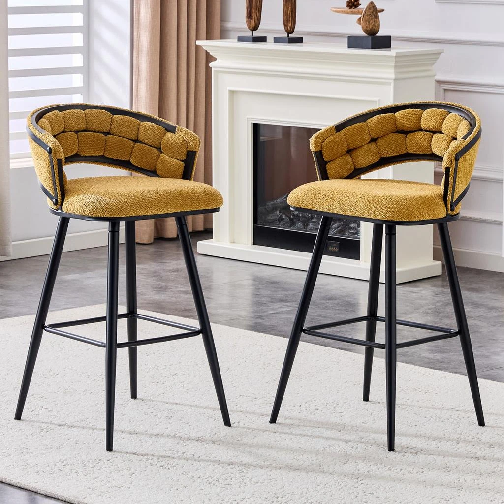 Streamdale Furniture Streamdale Set of 2 Yellow Velvet Bar Stools with Black Iron Legs 2