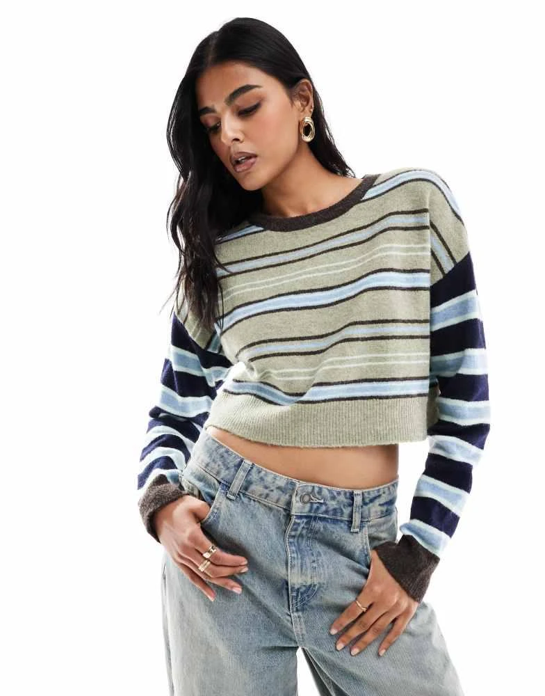 PacSun Pacsun iris round neck striped cropped jumper in multi 1