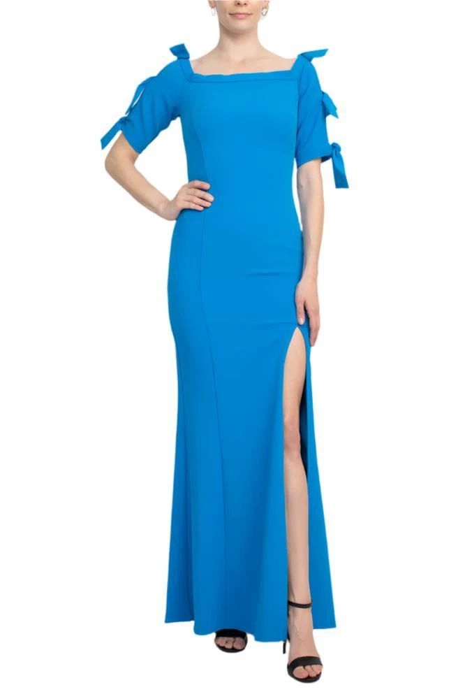 TRUEDAMES Square Neck Bow Shoulder Detail Short Sleeve Sheath Zipper Back Slit Side Solid Scuba Gown