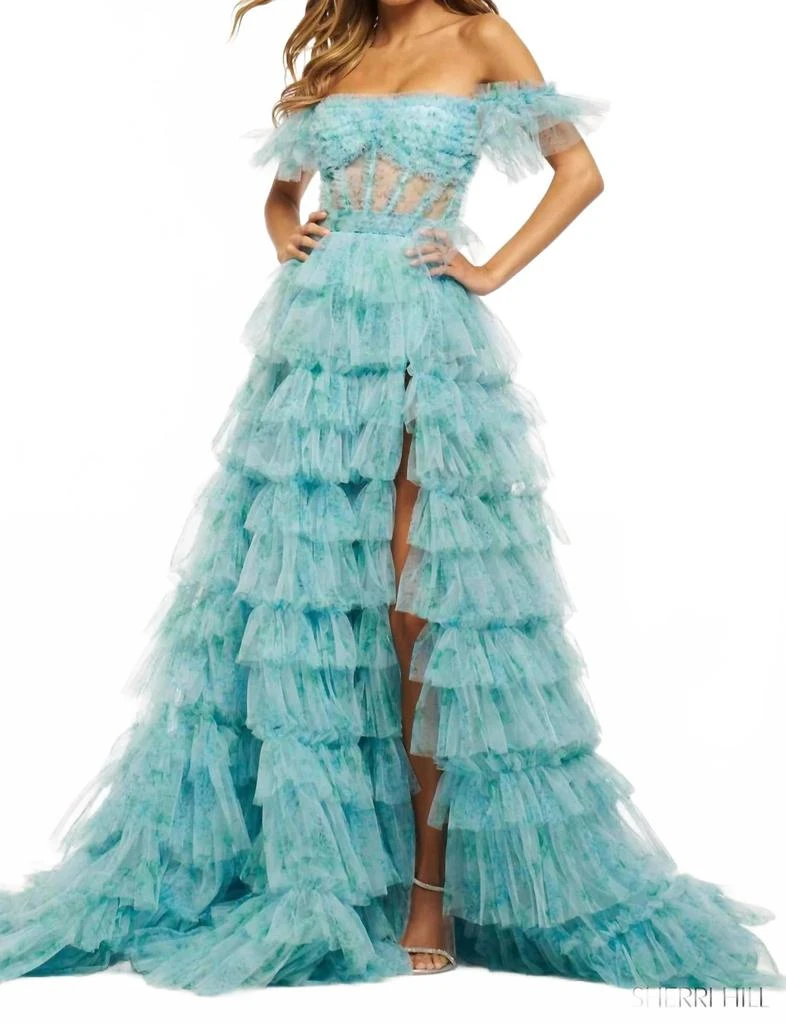 Sherri Hill Ruffle Corset Slit Gown In Aqua Print