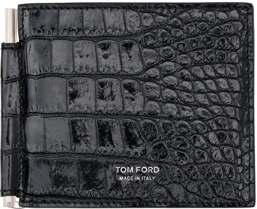 Tom Ford Black Shiny Printed Croc T Line Money Clip Wallet 1