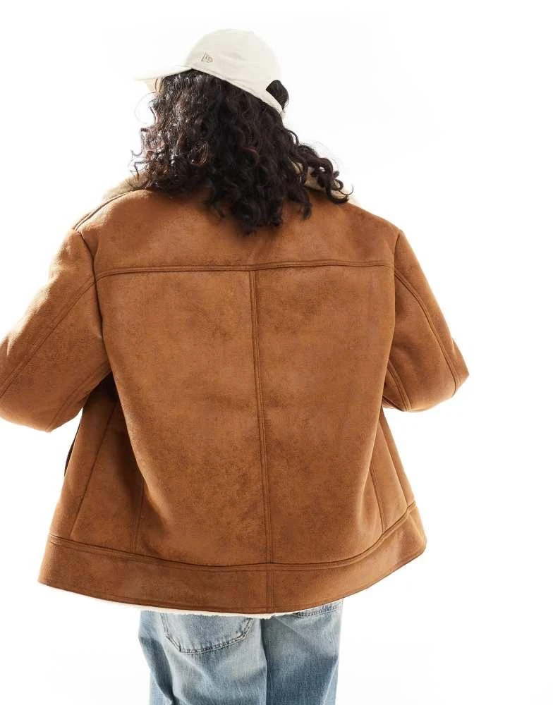 Bershka Bershka oversized contrast shearling jacket in brown 3