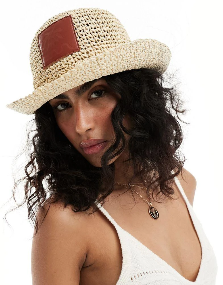 ASOS ASOS DESIGN straw crochet bucket hat with faux leather patch 3