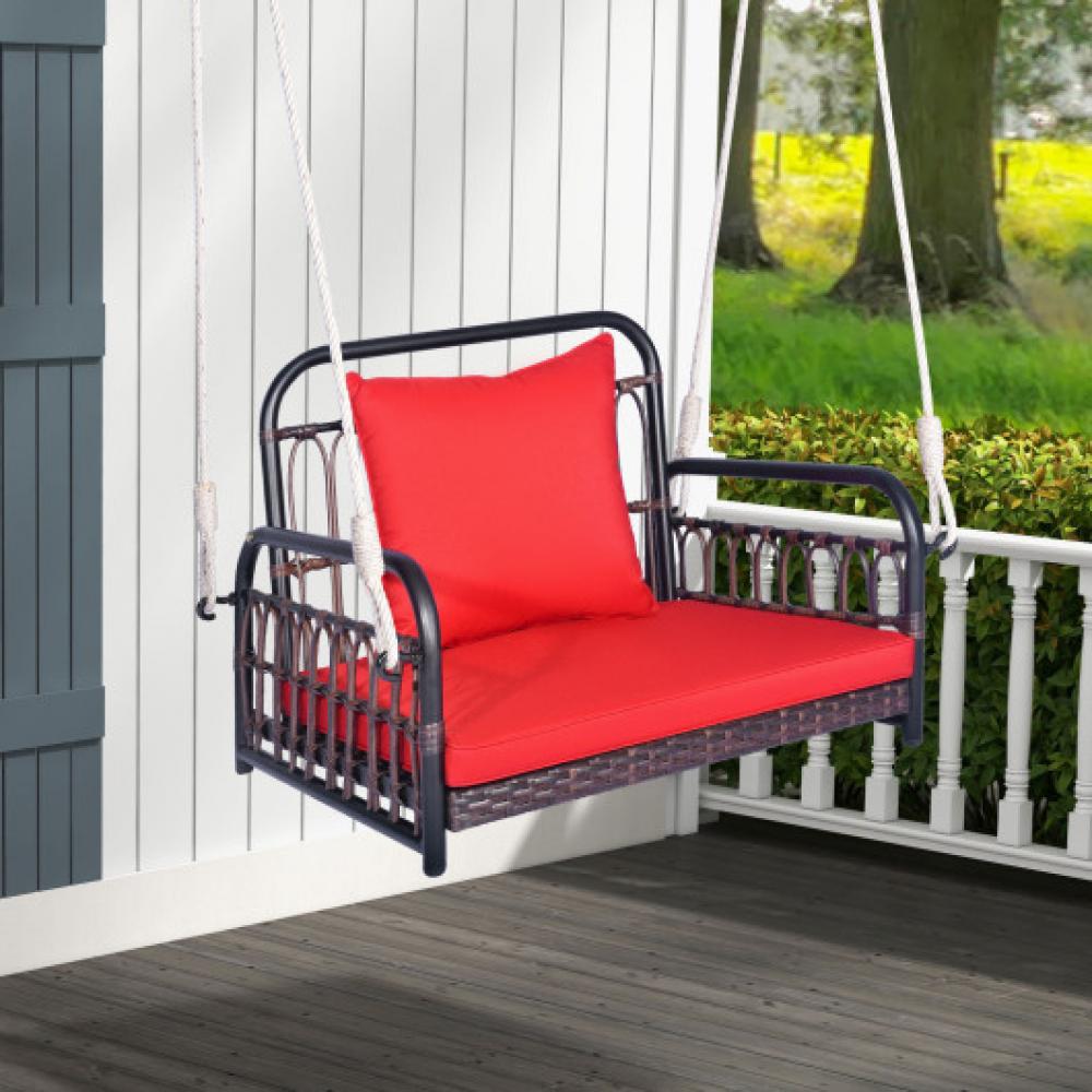 Hivvago Patio Rattan Porch Swing Hammock Chair with Seat Cushion-Red