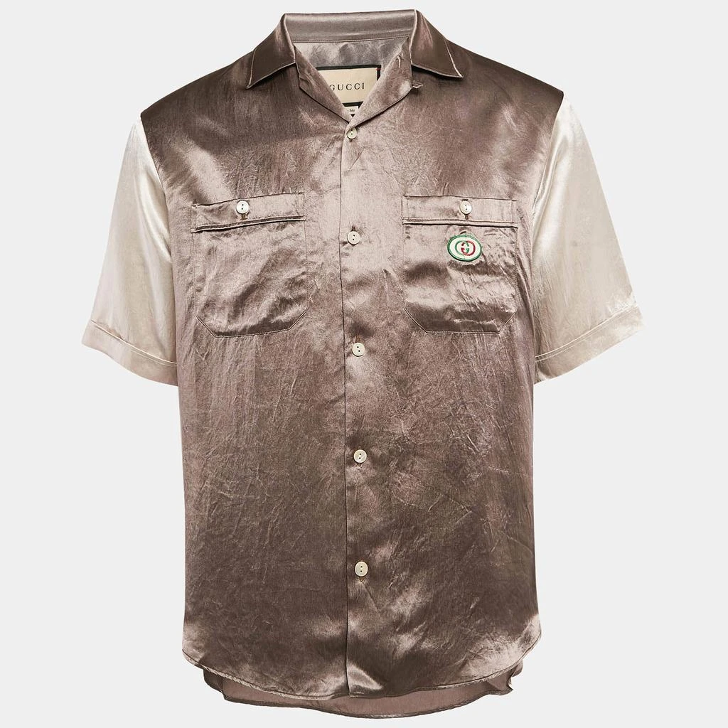Gucci Gucci Brown Logo Applique Satin Hawaii Bowling Shirt S 1