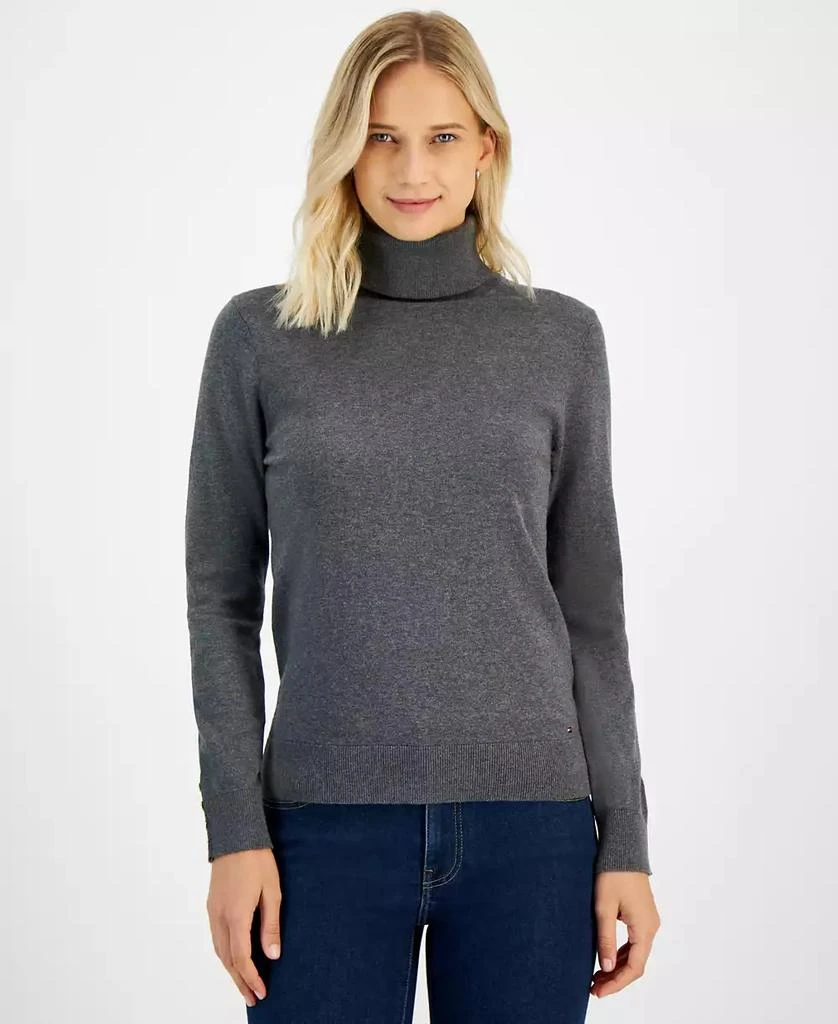 Tommy Hilfiger Women's Cotton Solid Button Cuff Turtleneck Sweater 1