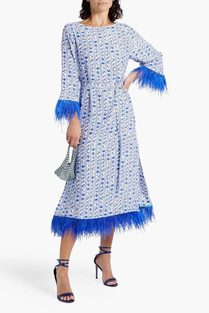 HVN Andrea feather-trimmed printed silk-satin midi dress 2