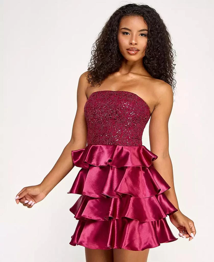 SENI & CADE Juniors' Sequin Embellished Strapless Satin Tiered Dress 3