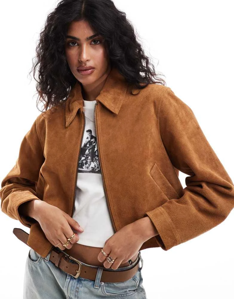 ASOS ASOS DESIGN suede top collar jacket in tan 1