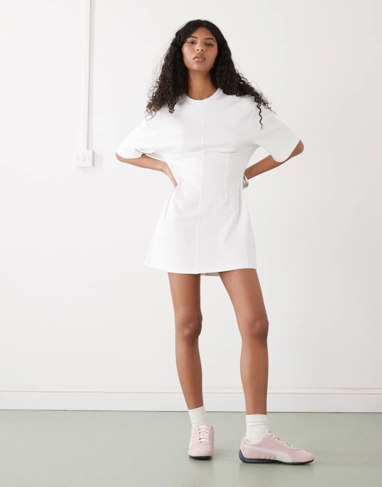 Monki Monki structured cinched waist t-shirt mini dress in white