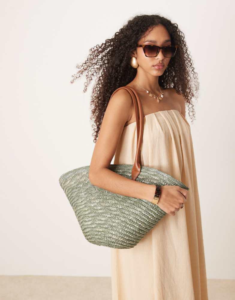 My Accessories My Accessories large straw tote bag with contrast strap in olive  green