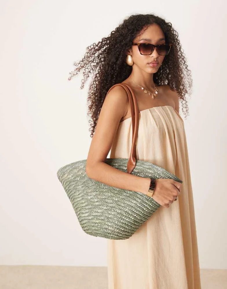 My Accessories My Accessories large straw tote bag with contrast strap in olive  green 1