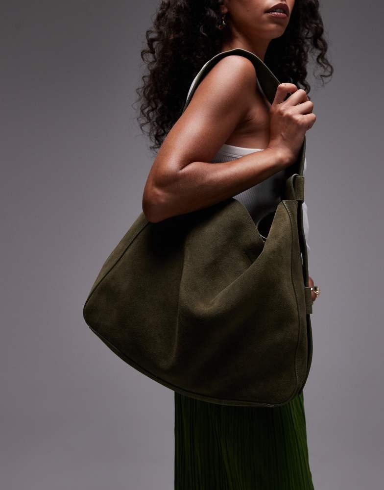 Topshop Topshop Suri real suede leather shoulder bag in khaki