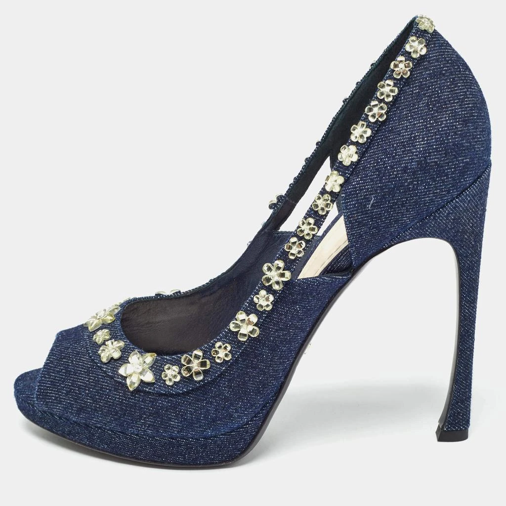 Dior Dior Navy Blue Denim Crystal Embellished Peep Toe Pumps Size 40.5 1