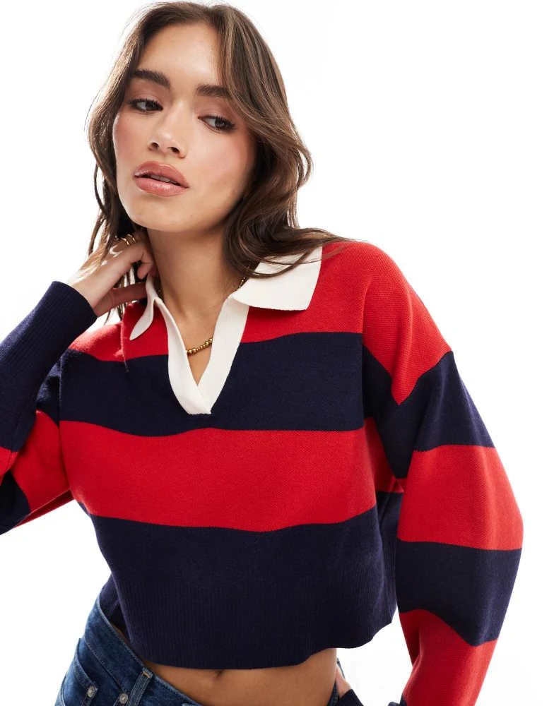 Bershka Bershka striped polo neck jumper in red 1