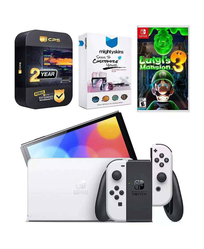 Nintendo Switch White OLED Console with Luigi
s Mansion 3, MightySkins Console and Controller Skin Voucher, and 2 Year CPS Extended Warranty