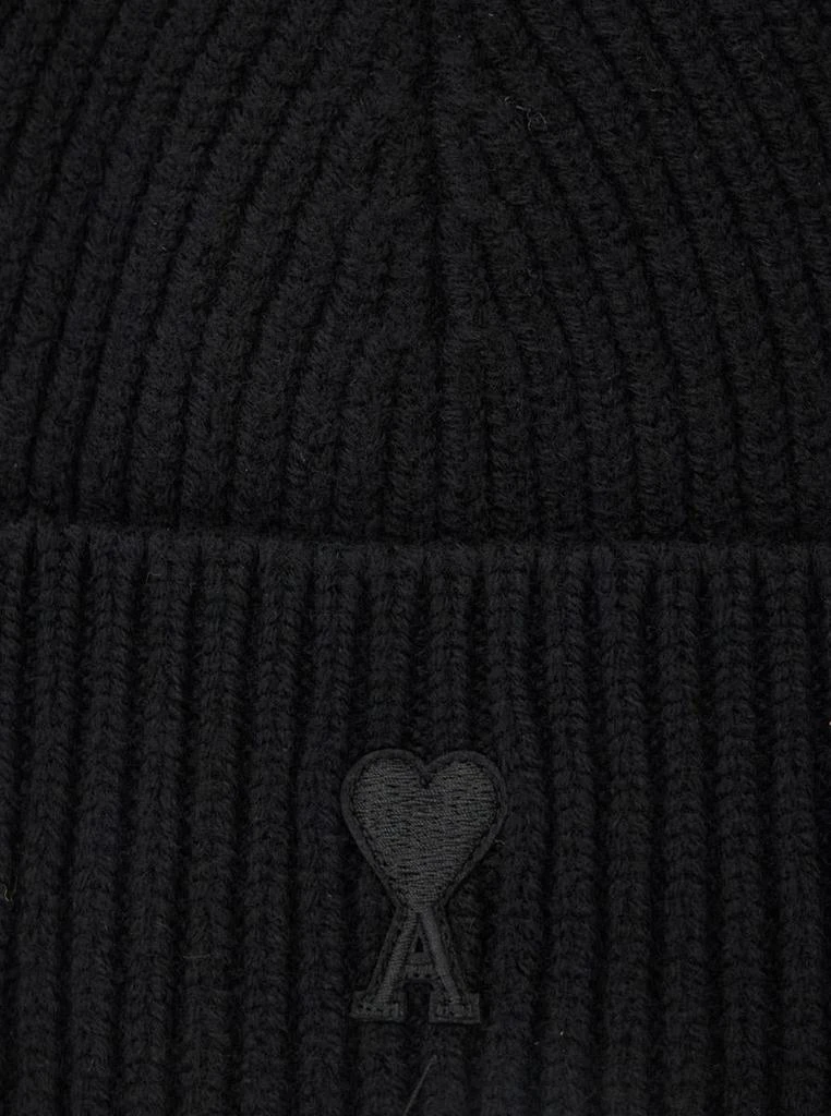 AMI Black Ribbed Knit Beanie With Logo Embroidery On The Front In Wool Man 3