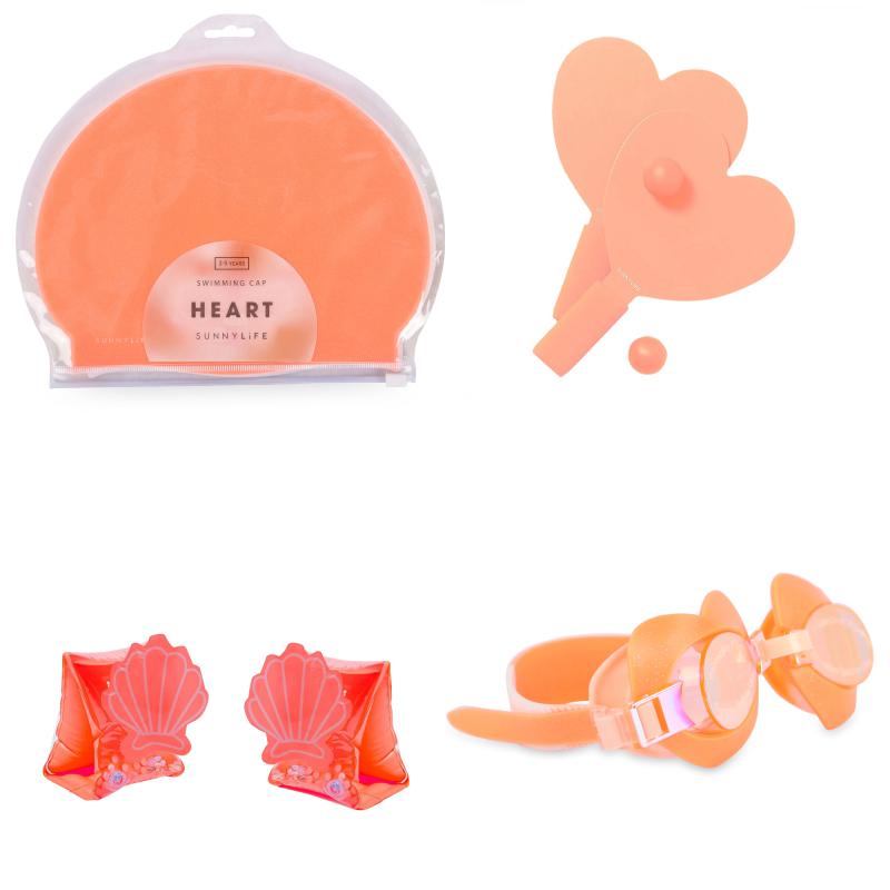 Sunnylife Heart shaped mini swim goggles swimming cap float bands and mini beach rackets set in orange