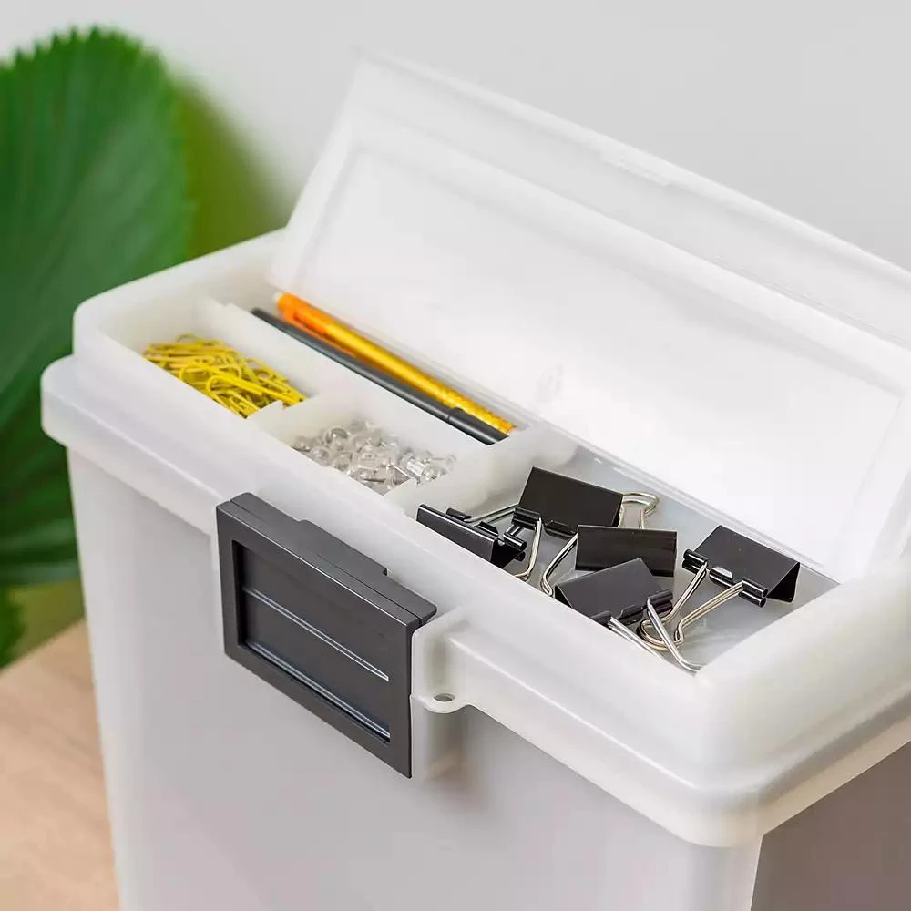 IRIS USA File Box WeatherPro Portable File Organizer Plastic File Box for Letter File w/ Organizer-Lid, Durable Lid and Seal w/ Secure Latching Buckles, Stackable and Nestable, Pearl 19 Qt. 1 Pack 8