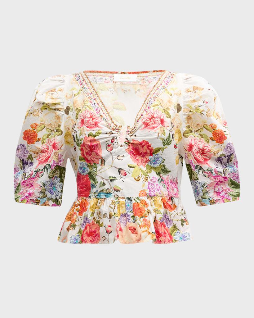 Camilla Puff-Sleeve Floral Cotton Top with Hardware