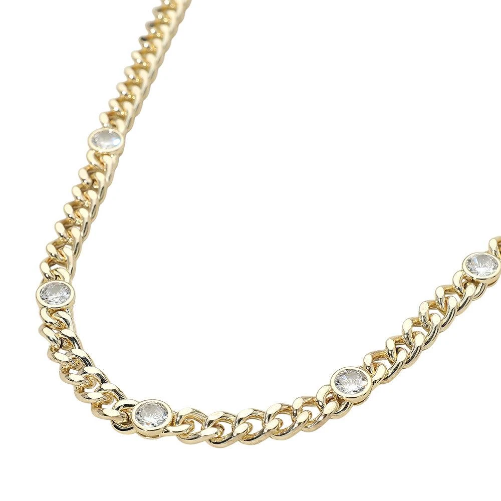 FASHNZFAB 14K Gold Plated Round CZ Bezel Station Chunky Curb Chain Necklace 2