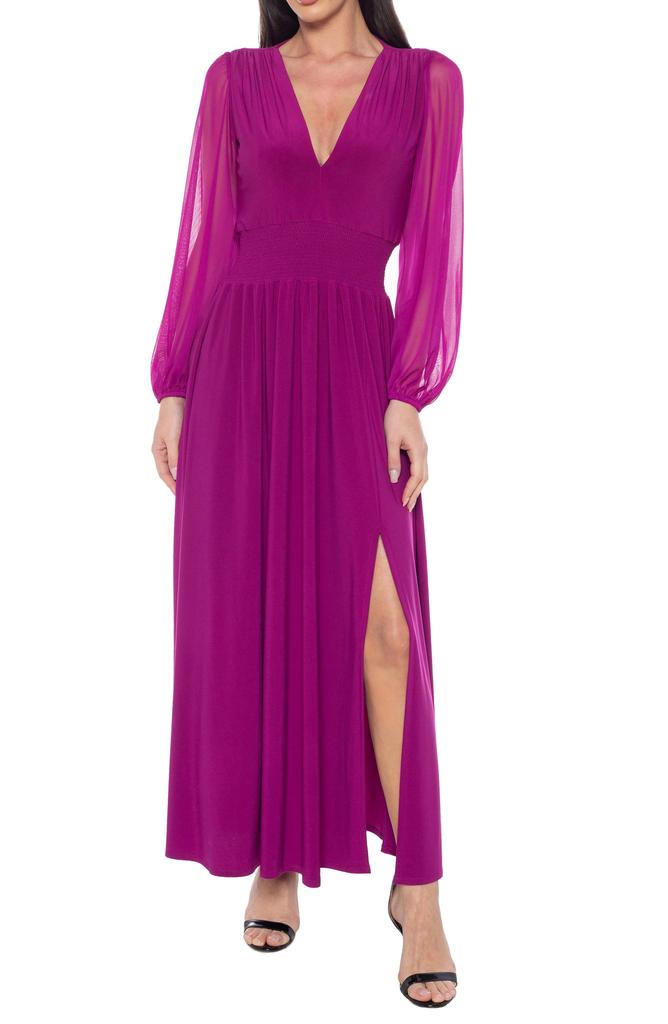 MARINA Pleated Smocked Long Sleeve Chiffon Dress