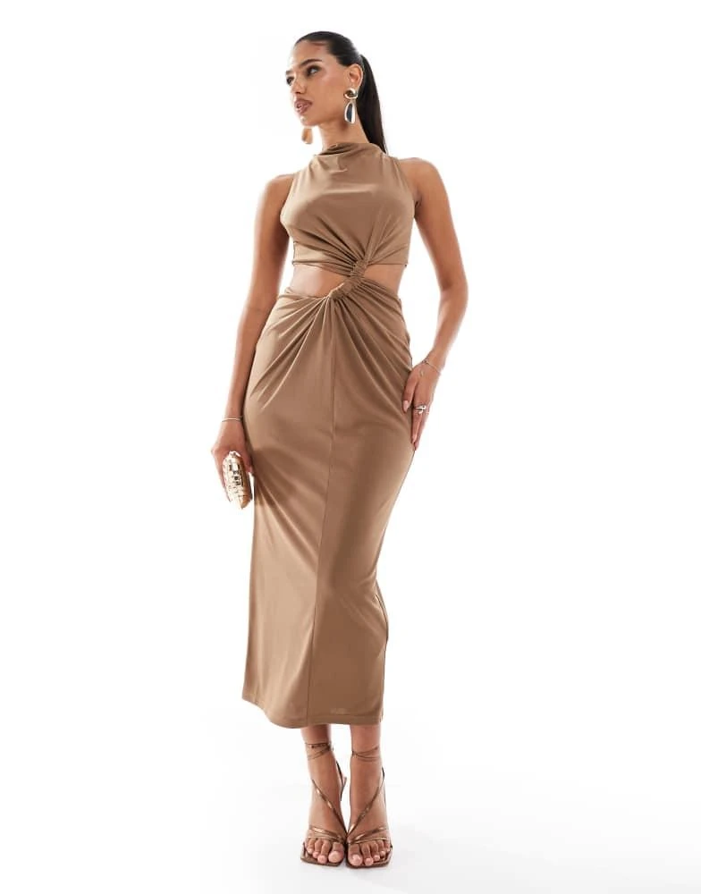 ASOS ASOS DESIGN slinky knot detail cut out midi dress in mocha 4