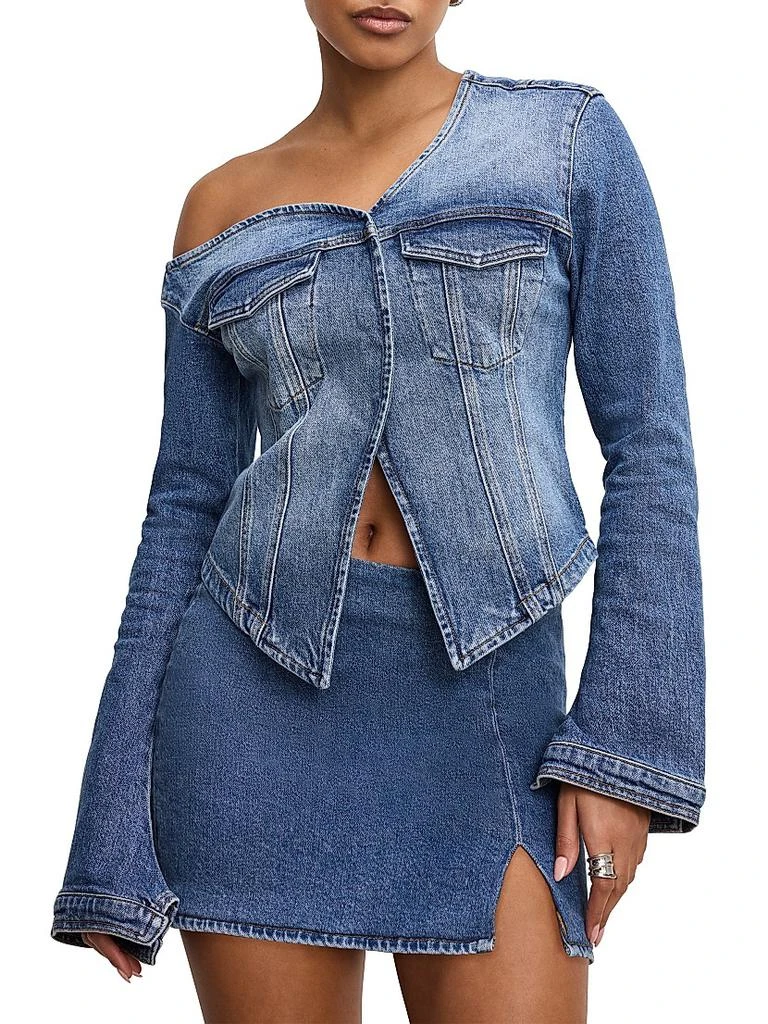 Good American Asymmetric Denim Flare Sleeve Split-Hem Shirt 3