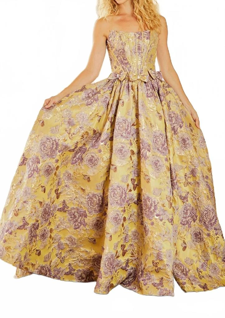 Amelia Couture Strapless Flower Bow Detail Prom Gown In Yellow