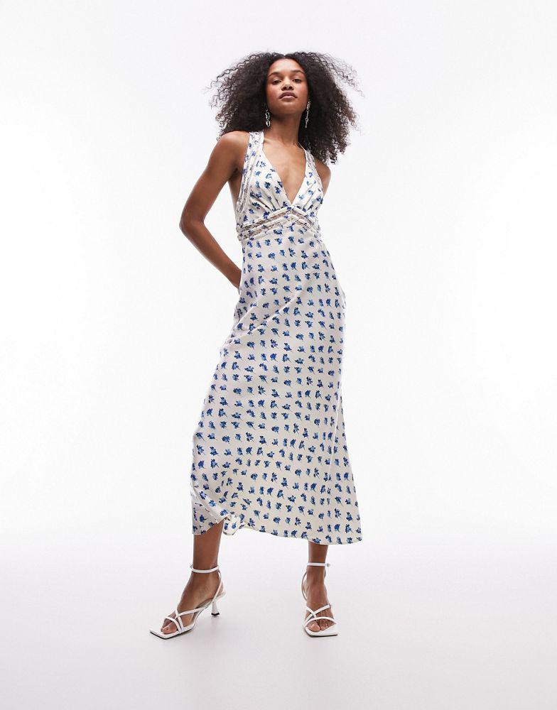 Topshop Topshop satin slip dress with lace insert in blue floral