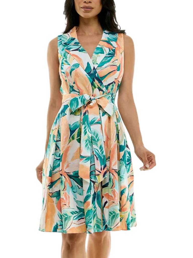 Nina Leonard Floral Print Tie Waist Collared Dress