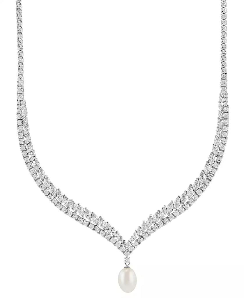 Arabella Cultured Freshwater Pearl (9x11mm) & Cubic Zirconia 17" Collar Necklace in Sterling Silver