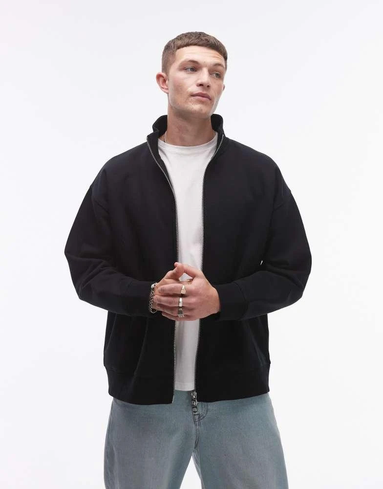 Topman Topman premium heavyweight full zip funnel sweatshirt in black 1