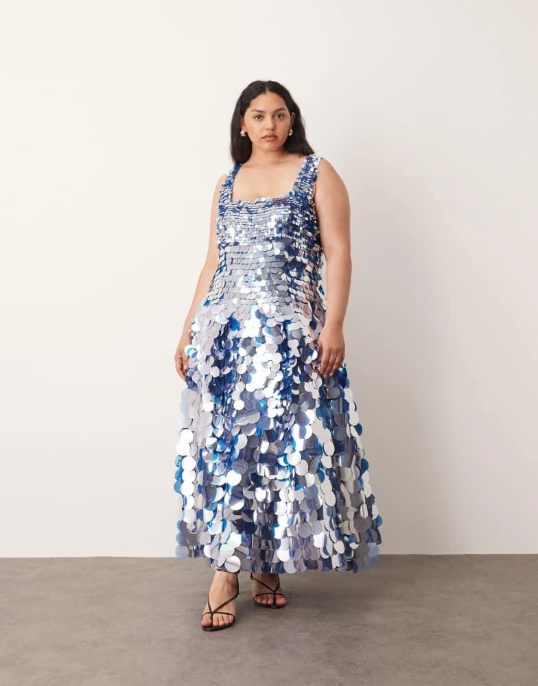 ARRANGE Curve embellished disc sequin square neck full skirt midi dress in blue