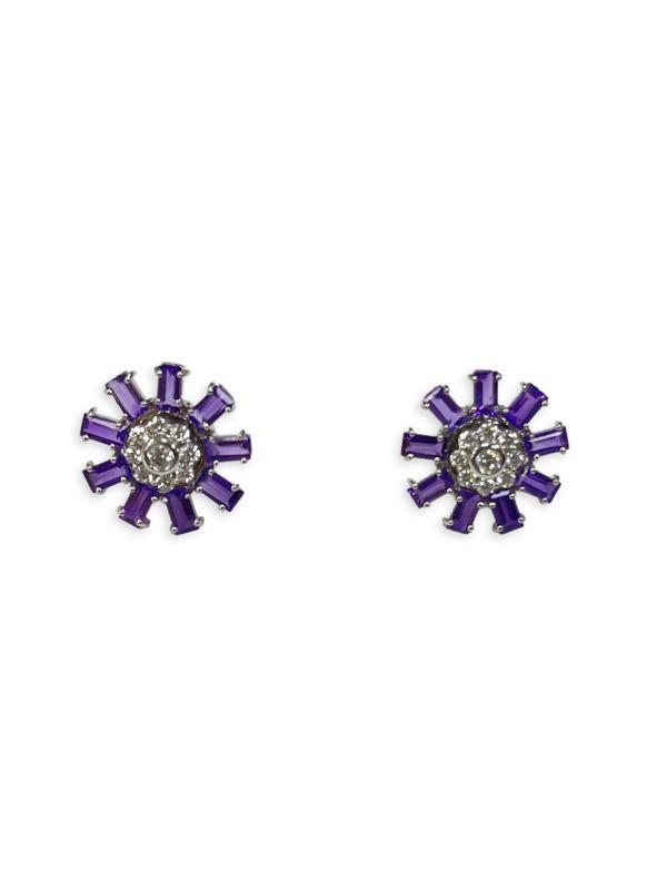 HUEB 18K White Gold, Violet Amethyst, Diamond Stud Earrings