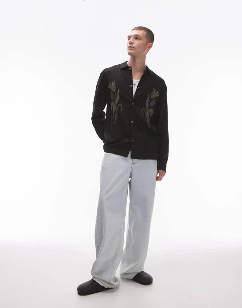 Topman Topman long sleeve embroidered front shirt in black 3