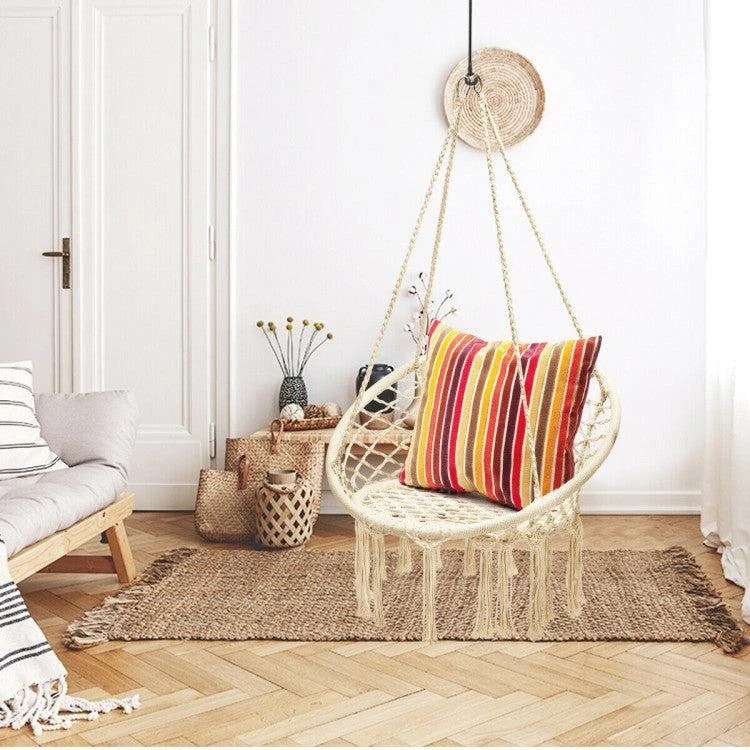 Hivvago Hanging Macrame Hammock Chair with Handwoven Cotton Backrest-Natural 5