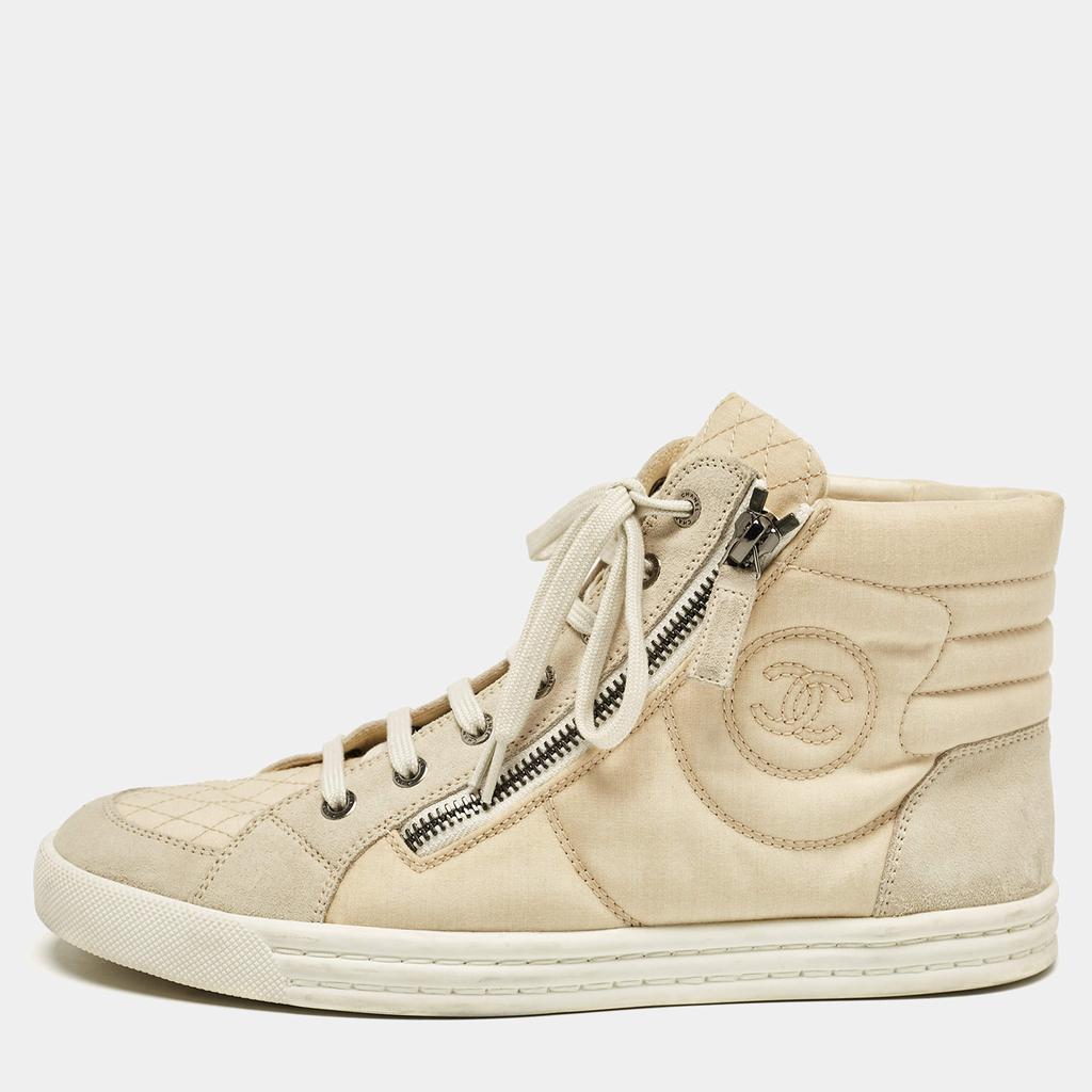 Chanel Chanel Cream Fabric and Suede CC Side Zip High Top Sneakers Size 39