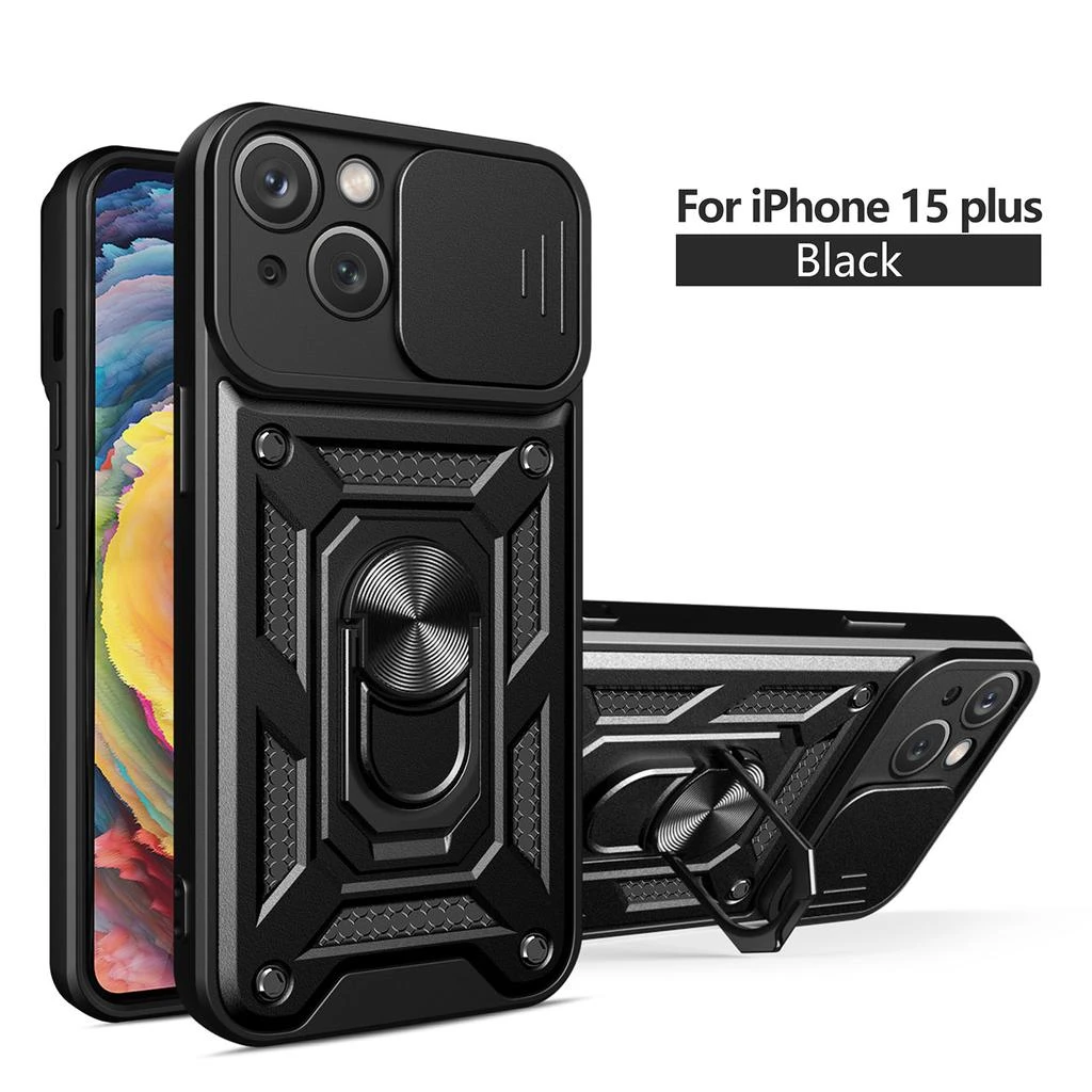 Reikowireless Kickstand Ring Holder With Slide Camera Cover Tpu Magnetic Car Mount For Apple Iphone 15 Plus In Black