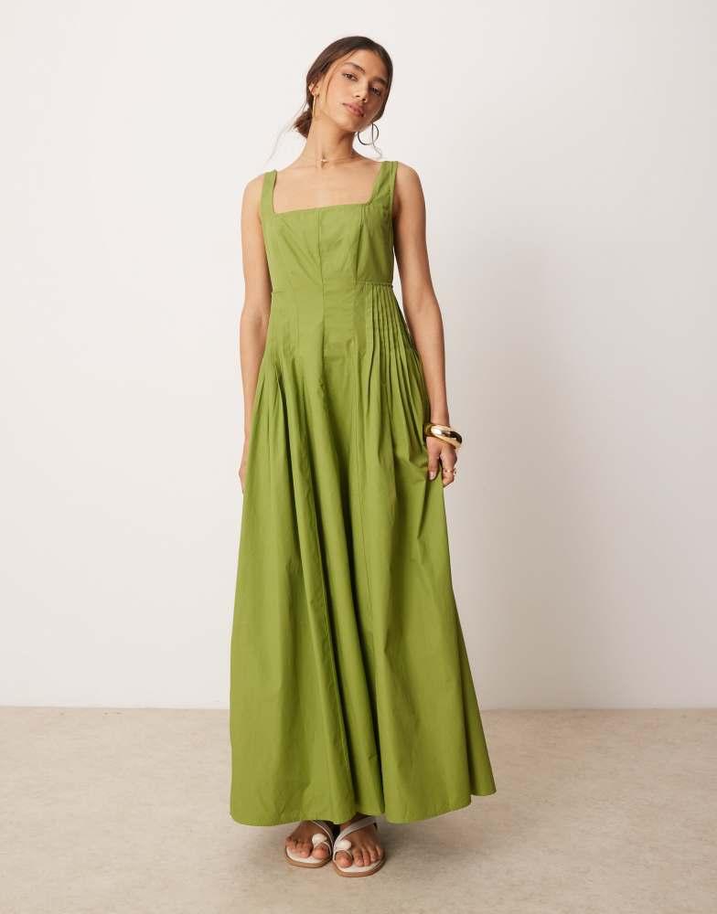ASOS ASOS DESIGN scoop neck pleat waist maxi dress in olive