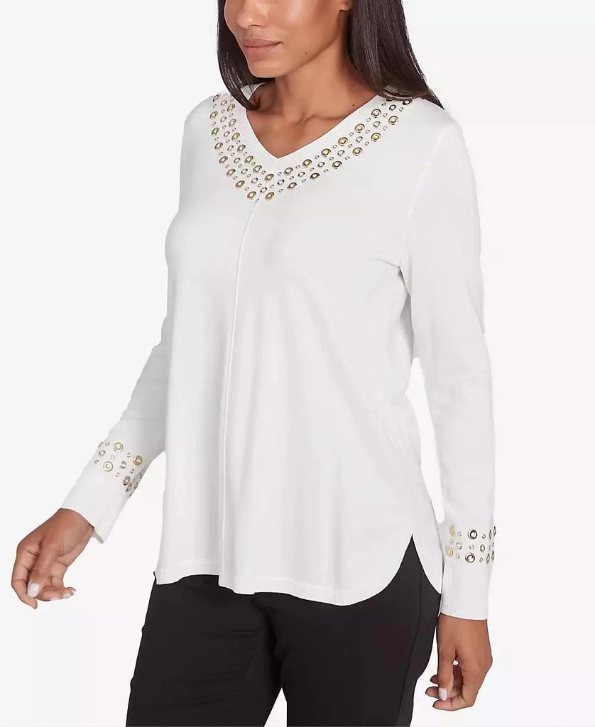 Ruby Rd. Petite Grommet Embellished Fine Gauge V-Neck Sweater 3