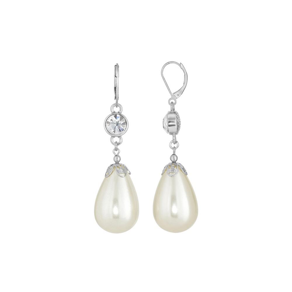 2028 Silver-Tone Crystal Large Imitation Pearl Pear Shape Drop Earring