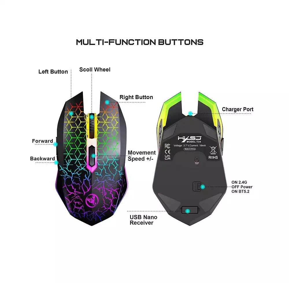 risokeys Dual Mode Wireless Gaming Mouse 2.4G and Bluetooth 5.2 RGB Silent 3 Speed DPI 4