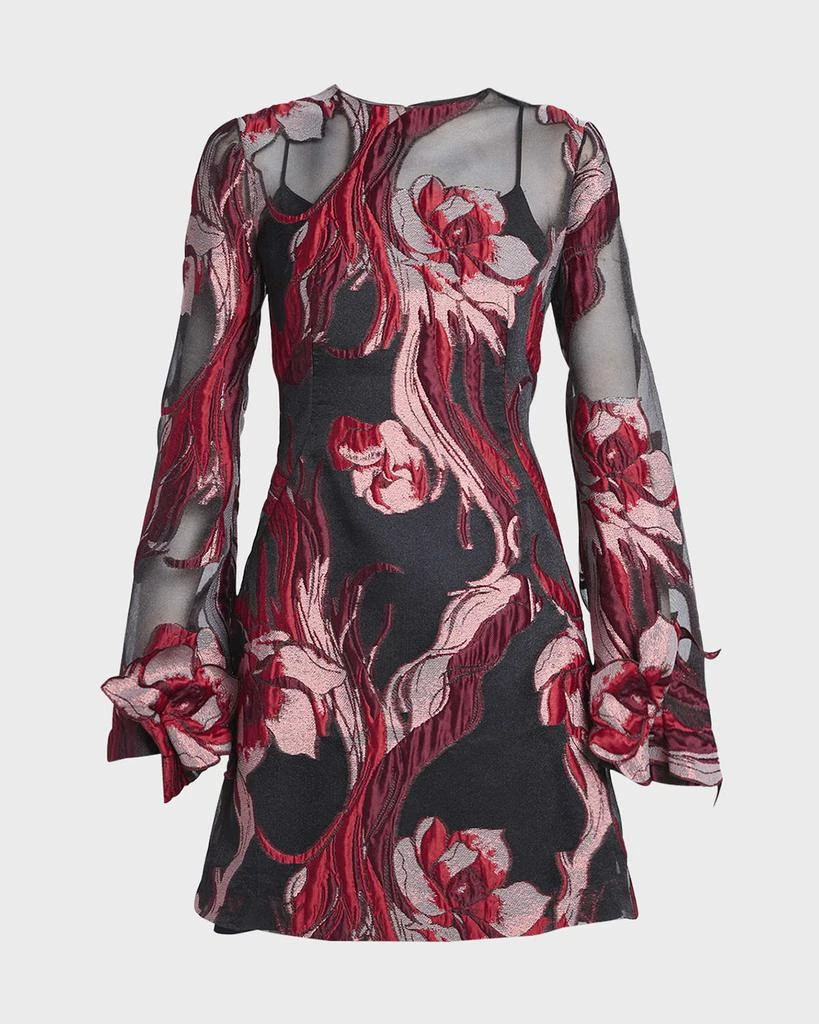 Alberta Ferretti Flower-Applique Long-Sleeve Sheer Floral Brocade Mini Dress 2