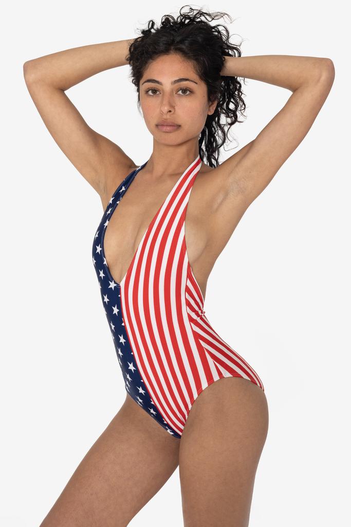 Los Angeles Apparel RNT342P - Printed 2-Tone Halter One Piece